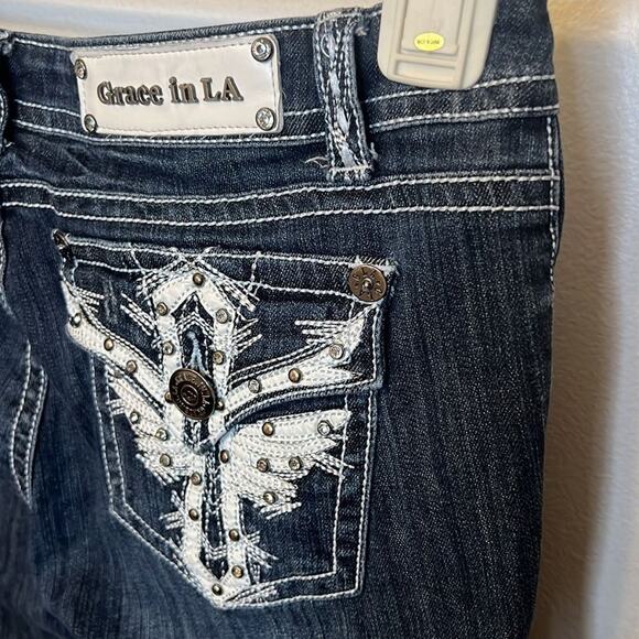 Grace in LA Womens Embellished Pocket Bling Flare Low Rise Jeans Size 30 (34) - Picture 9 of 12